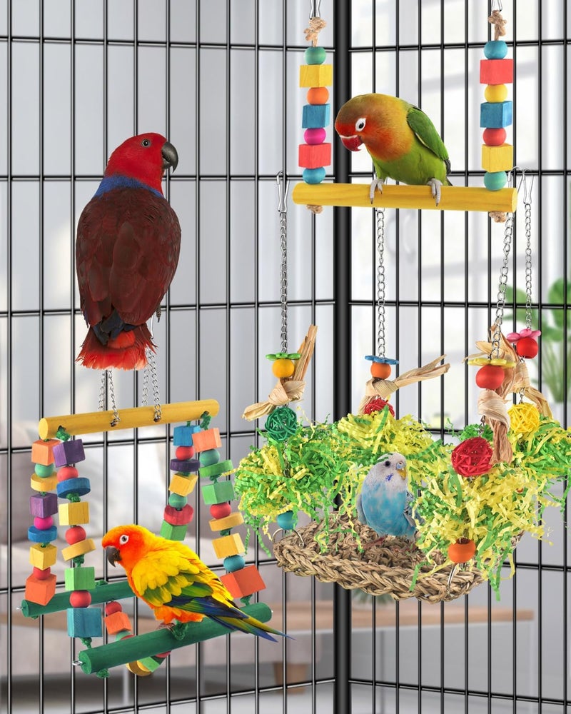 DBNESS Bird Hammock Toys Parakeet Perches Swing, 3in1 Detachable Parrot Cage Accessories, Wooden Hanging Chew Toys for Medium Conure Cockatiel Quaker Lory - Image 2